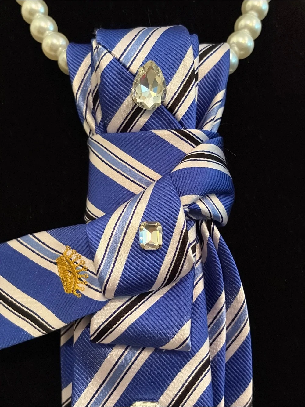 Countess Mara Blue Striped Women's Necklace Tie with Crystal Accents